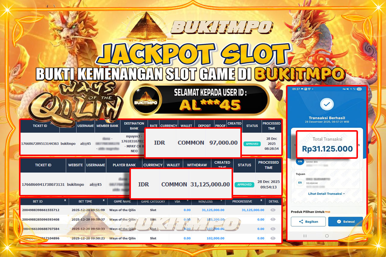 BUKITMPO JACKPOT WAYS OF THE QILIN - PG SOFT Rp.31.125.000,- LUNAS